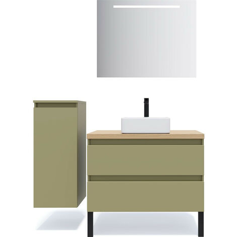 Meuble de salle de bain suspendu vasque à poser 90cm 2 tiroirs Vert olive + miroir + colonne ouverture gauche - Hudson