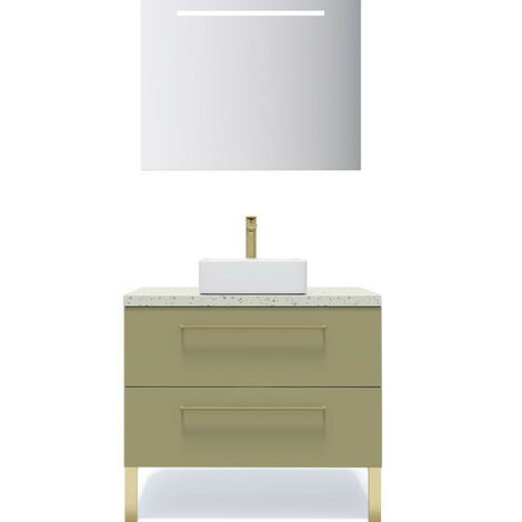 Meuble de salle de bain suspendu vasque à poser 90cm 2 tiroirs Vert olive + miroir - Glasgow