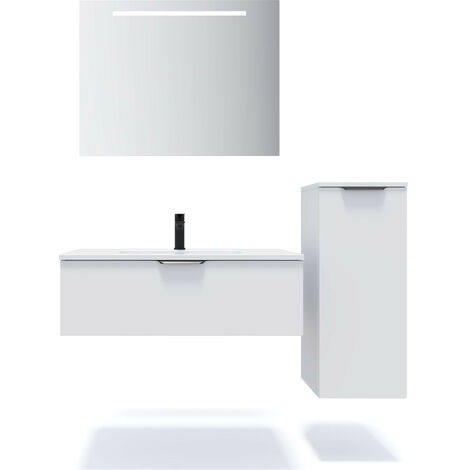 Meuble de salle de bain suspendu vasque intégrée 90cm 1 tiroir Blanc + miroir + colonne ouverture droite - Soho
