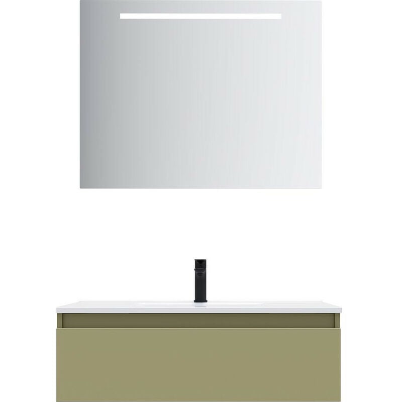 Homifab - Meuble de salle de bain suspendu vasque intégrée 90cm 1 tiroir Vert olive + miroir - Hudson