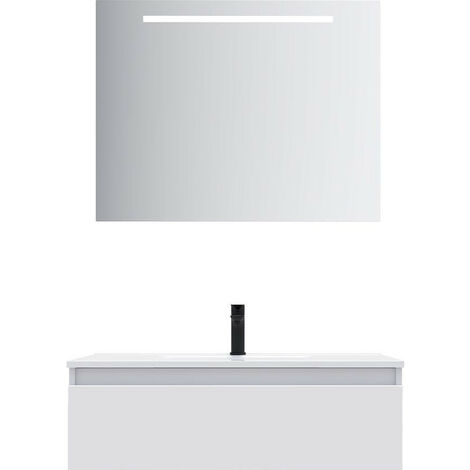 Meuble de salle de bain suspendu vasque intégrée 90cm 1 tiroir Blanc + miroir - Hudson