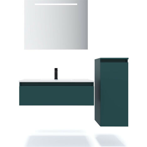 Meuble de salle de bain suspendu vasque intégrée 90cm 1 tiroir Bleu + miroir + colonne ouverture droite - Hudson