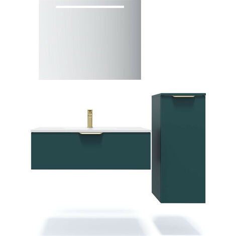 Meuble de salle de bain suspendu vasque intégrée 90cm 1 tiroir Bleu + miroir + colonne ouverture droite - Venice