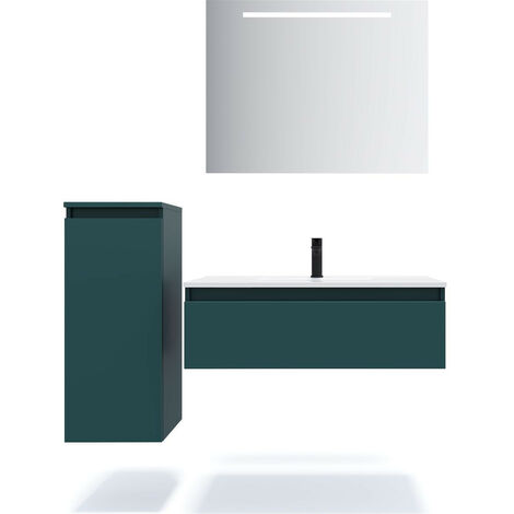 Meuble de salle de bain suspendu vasque intégrée 90cm 1 tiroir Bleu + miroir + colonne ouverture gauche - Hudson