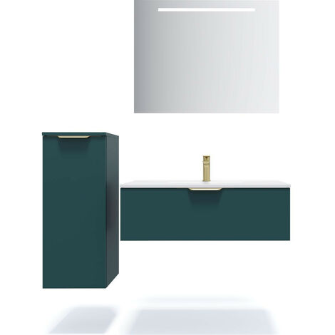 Meuble de salle de bain suspendu vasque intégrée 90cm 1 tiroir Bleu + miroir + colonne ouverture gauche - Venice