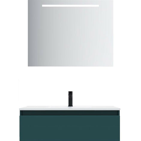 Meuble de salle de bain suspendu vasque intégrée 90cm 1 tiroir Bleu + miroir - Hudson