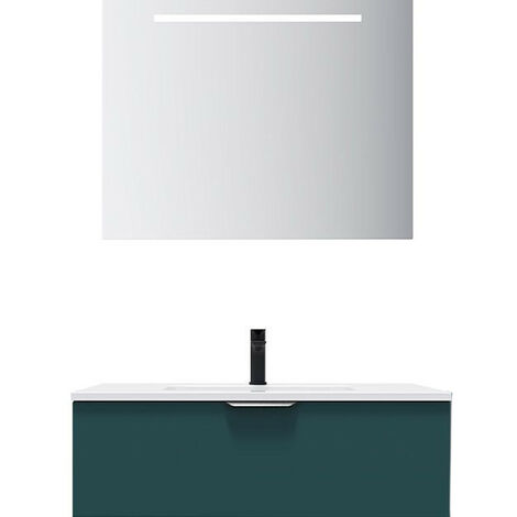 Meuble de salle de bain suspendu vasque intégrée 90cm 1 tiroir Bleu + miroir - Soho