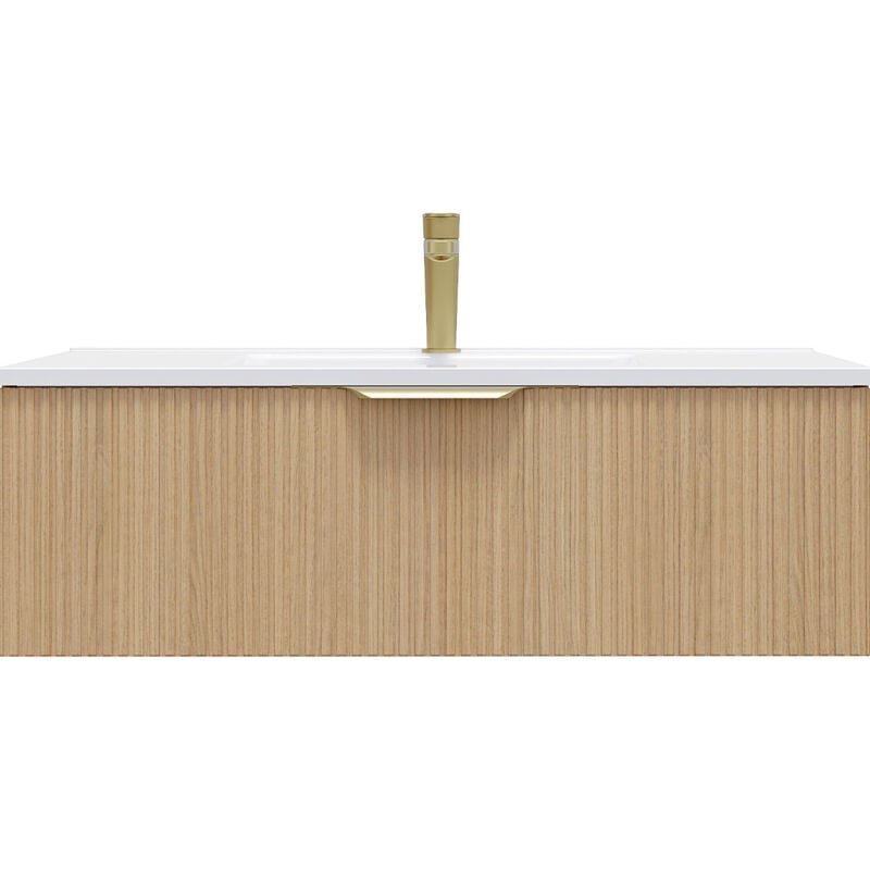 Homifab - Meuble de salle de bain suspendu vasque intégrée 90cm 1 tiroir Chêne cannelé - Venice