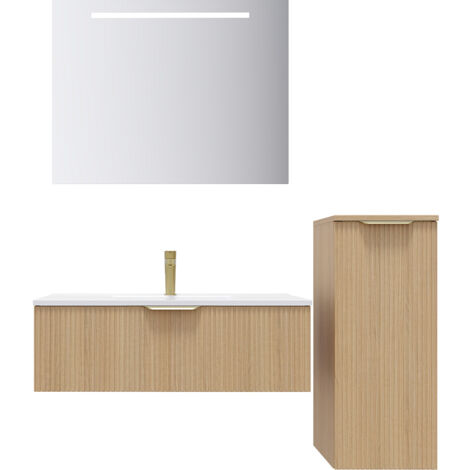 Meuble de salle de bain suspendu vasque intégrée 90cm 1 tiroir Chêne cannelé + miroir + colonne ouverture droite - Venice
