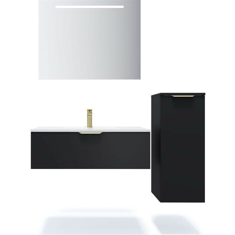 Meuble de salle de bain suspendu vasque intégrée 90cm 1 tiroir Noir + miroir + colonne ouverture droite - Venice