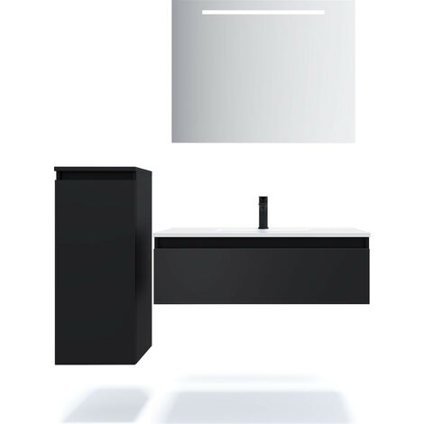 Meuble de salle de bain suspendu vasque intégrée 90cm 1 tiroir Noir + miroir + colonne ouverture gauche - Hudson