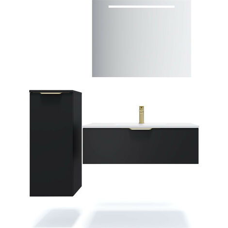 Meuble de salle de bain suspendu vasque intégrée 90cm 1 tiroir Noir + miroir + colonne ouverture gauche - Venice