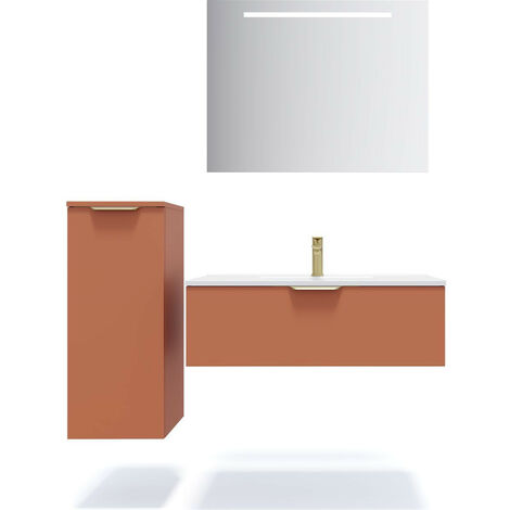 Meuble de salle de bain suspendu vasque intégrée 90cm 1 tiroir Terracotta + miroir + colonne ouverture gauche - Venice