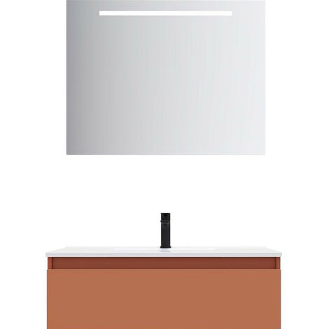 Meuble de salle de bain suspendu vasque intégrée 90cm 1 tiroir Terracotta + miroir - Hudson