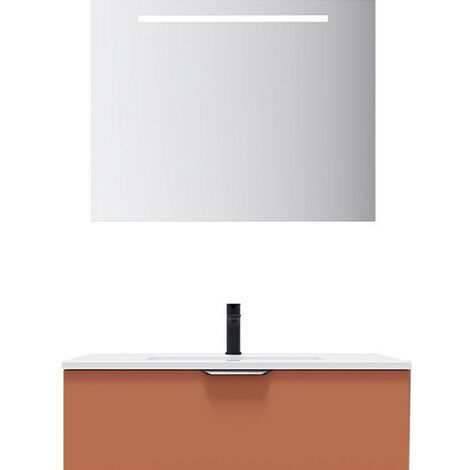 Meuble de salle de bain suspendu vasque intégrée 90cm 1 tiroir Terracotta + miroir - Soho