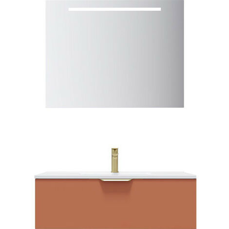 Meuble de salle de bain suspendu vasque intégrée 90cm 1 tiroir Terracotta + miroir - Venice