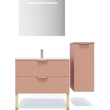 Meuble de salle de bain suspendu vasque intégrée 90cm 2 tiroirs Abricot + miroir + colonne ouverture droite - Venice