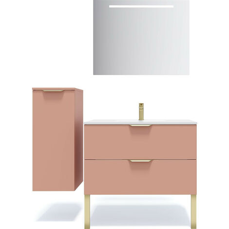 Meuble de salle de bain suspendu vasque intégrée 90cm 2 tiroirs Abricot + miroir + colonne ouverture gauche - Venice