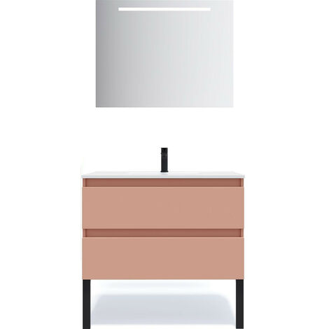 Meuble de salle de bain suspendu vasque intégrée 90cm 2 tiroirs Abricot + miroir - Hudson