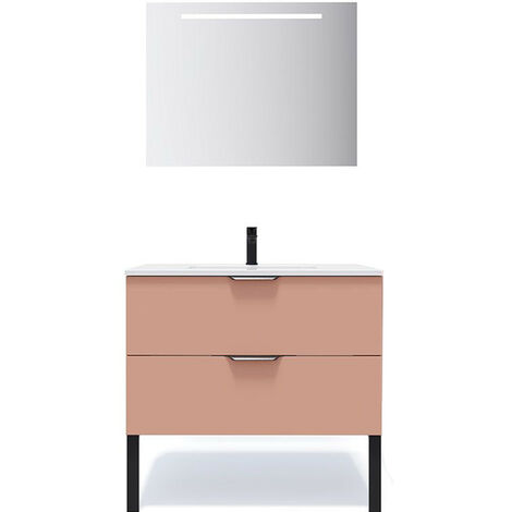 Meuble de salle de bain suspendu vasque intégrée 90cm 2 tiroirs Abricot + miroir - Soho