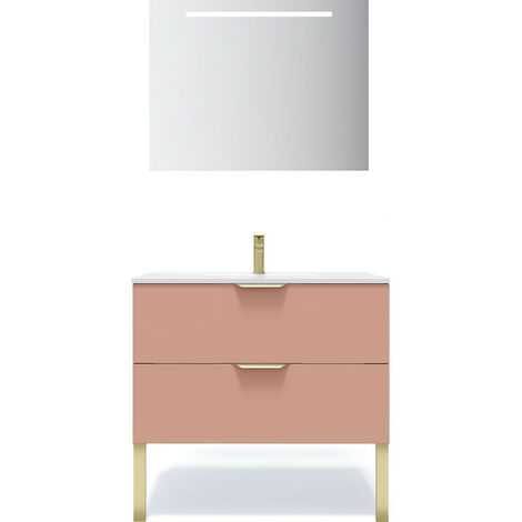 Meuble de salle de bain suspendu vasque intégrée 90cm 2 tiroirs Abricot + miroir - Venice