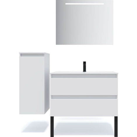 Meuble de salle de bain suspendu vasque intégrée 90cm 2 tiroirs Blanc + miroir + colonne ouverture gauche - Hudson