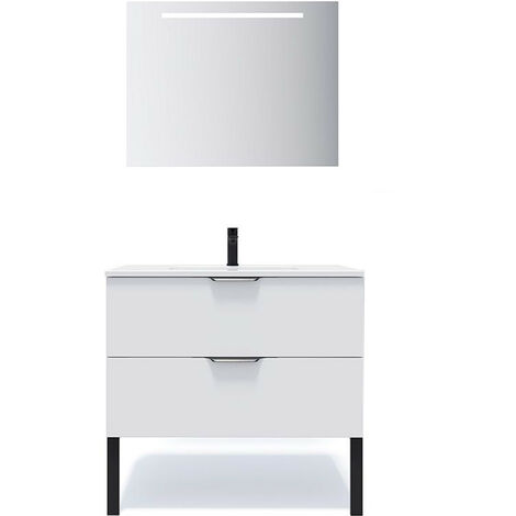 Meuble de salle de bain suspendu vasque intégrée 90cm 2 tiroirs Blanc + miroir - Soho