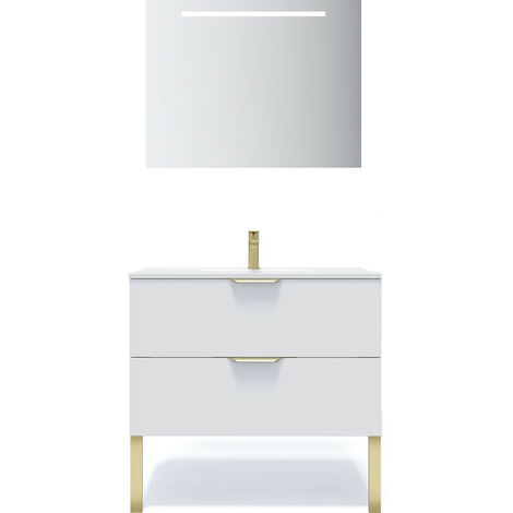 Meuble de salle de bain suspendu vasque intégrée 90cm 2 tiroirs Blanc + miroir - Venice