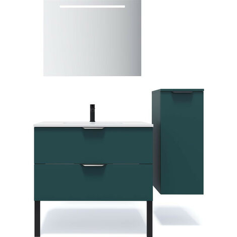 Meuble de salle de bain suspendu vasque intégrée 90cm 2 tiroirs Bleu + miroir + colonne ouverture droite - Soho