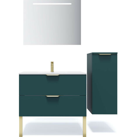 Meuble de salle de bain suspendu vasque intégrée 90cm 2 tiroirs Bleu + miroir + colonne ouverture droite - Venice