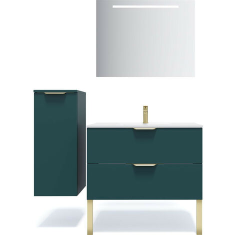 Meuble de salle de bain suspendu vasque intégrée 90cm 2 tiroirs Bleu + miroir + colonne ouverture gauche - Venice