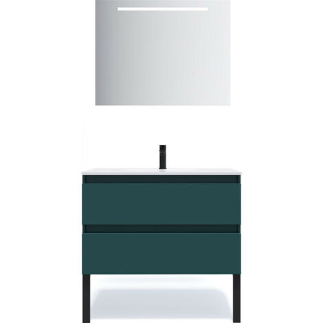 Meuble de salle de bain suspendu vasque intégrée 90cm 2 tiroirs Bleu + miroir - Hudson