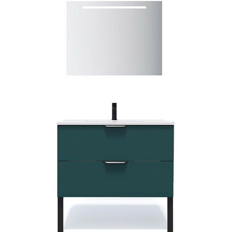 Meuble de salle de bain suspendu vasque intégrée 90cm 2 tiroirs Bleu + miroir - Soho