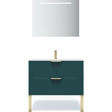 Meuble de salle de bain suspendu vasque intégrée 90cm 2 tiroirs Bleu + miroir - Venice