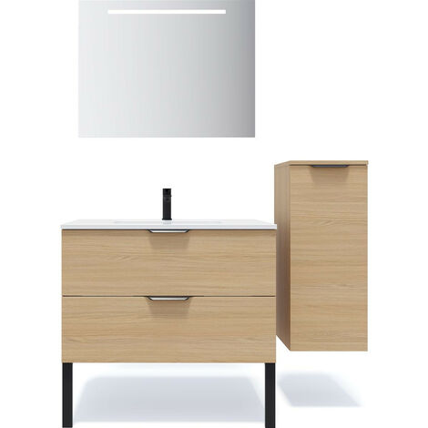 Meuble de salle de bain suspendu vasque intégrée 90cm 2 tiroirs Chêne clair + miroir + colonne ouverture droite - Soho