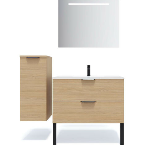 Meuble de salle de bain suspendu vasque intégrée 90cm 2 tiroirs Chêne clair + miroir + colonne ouverture gauche - Venice