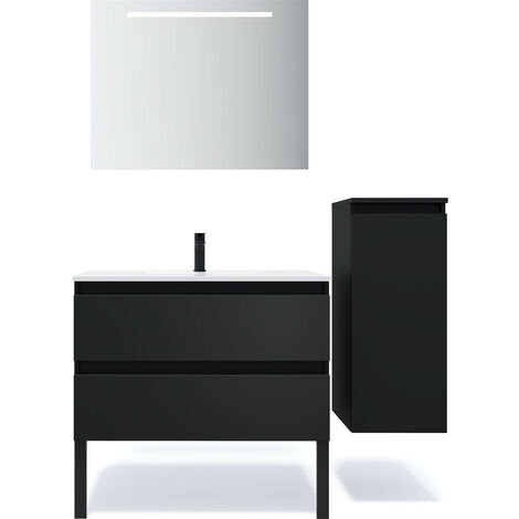Meuble de salle de bain suspendu vasque intégrée 90cm 2 tiroirs Noir + miroir + colonne ouverture droite - Hudson