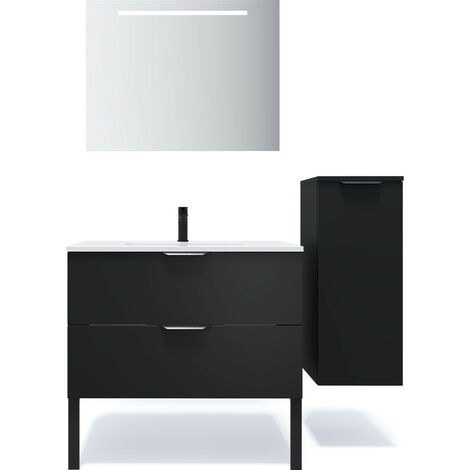 Meuble de salle de bain suspendu vasque intégrée 90cm 2 tiroirs Noir + miroir + colonne ouverture droite - Soho