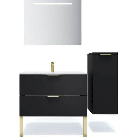 Meuble de salle de bain suspendu vasque intégrée 90cm 2 tiroirs Noir + miroir + colonne ouverture droite - Venice