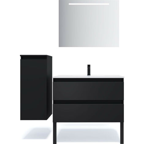Meuble de salle de bain suspendu vasque intégrée 90cm 2 tiroirs Noir + miroir + colonne ouverture gauche - Hudson