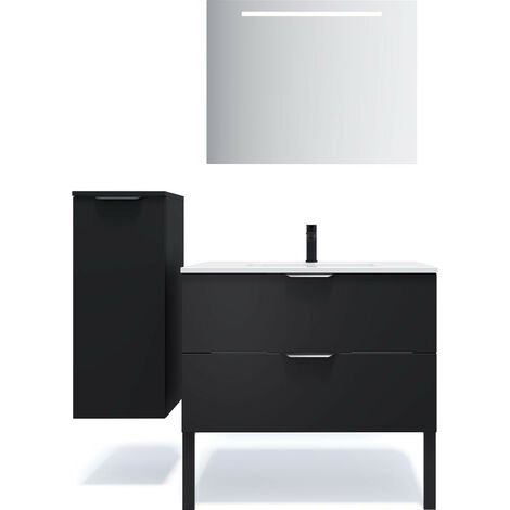 Meuble de salle de bain suspendu vasque intégrée 90cm 2 tiroirs Noir + miroir + colonne ouverture gauche - Soho