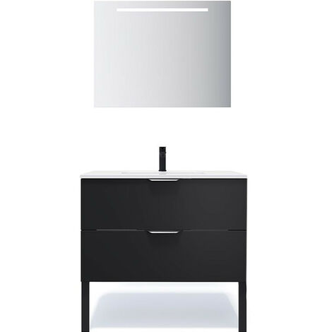 Meuble de salle de bain suspendu vasque intégrée 90cm 2 tiroirs Noir + miroir - Soho