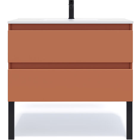 Meuble de salle de bain suspendu vasque intégrée 90cm 2 tiroirs Terracotta - Hudson