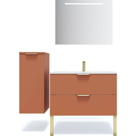 Meuble de salle de bain suspendu vasque intégrée 90cm 2 tiroirs Terracotta + miroir + colonne ouverture gauche - Venice