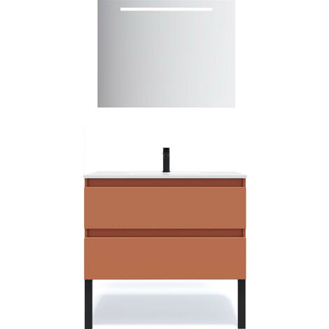 Meuble de salle de bain suspendu vasque intégrée 90cm 2 tiroirs Terracotta + miroir - Hudson