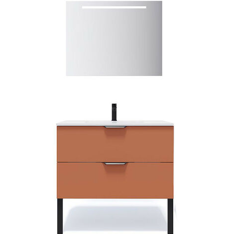 Meuble de salle de bain suspendu vasque intégrée 90cm 2 tiroirs Terracotta + miroir - Soho