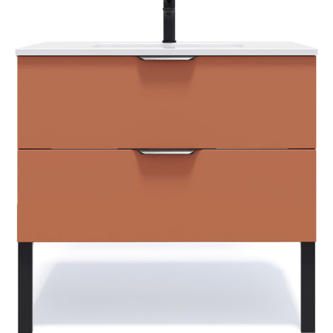 Meuble de salle de bain suspendu vasque intégrée 90cm 2 tiroirs Terracotta - Soho