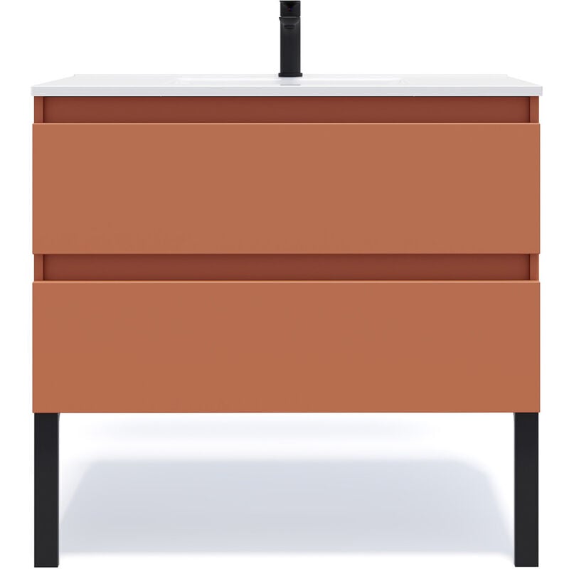Homifab - Meuble de salle de bain suspendu vasque intégrée 90cm 2 tiroirs Terracotta - Hudson