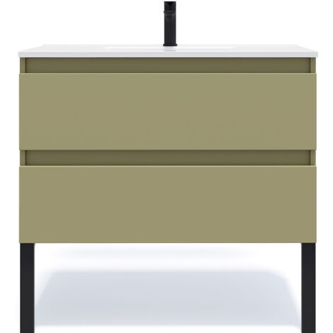 Meuble de salle de bain suspendu vasque intégrée 90cm 2 tiroirs Vert olive - Hudson
