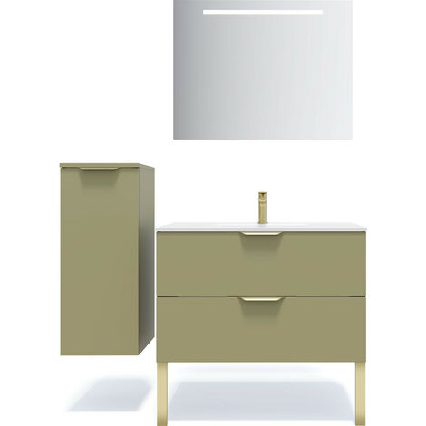 Meuble de salle de bain suspendu vasque intégrée 90cm 2 tiroirs Vert olive + miroir + colonne ouverture gauche - Venice